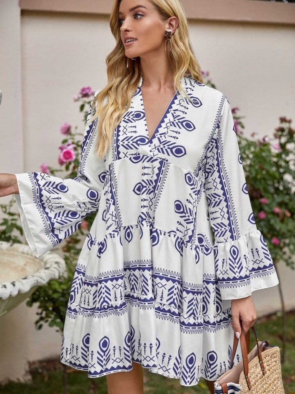 Emory Rose V-Neck White Dress with Navy Print